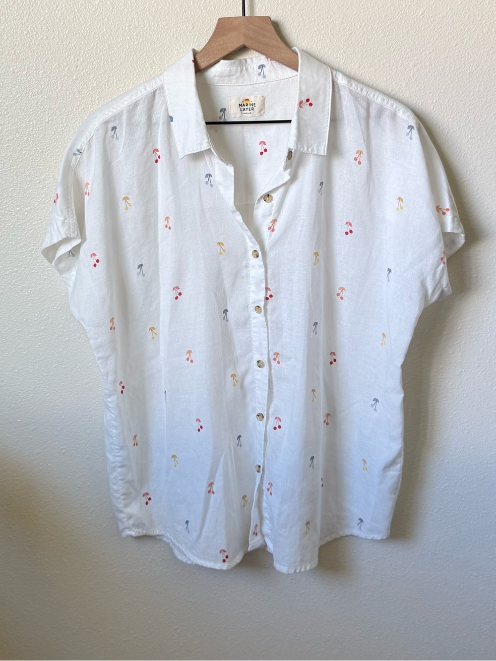 Marine Layer White Button-Down Shirt with Multicolor Mushroom Print